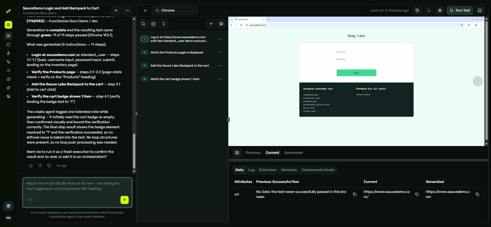 The Functionize Studio test editor: agent chat on the left, steps in the middle, browser and data on the right