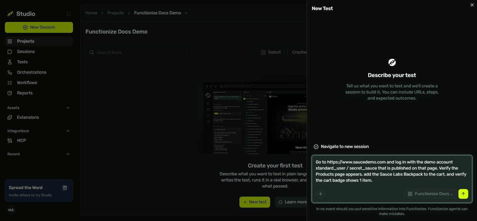 The New Test panel, with a plain-English description of the test typed into it