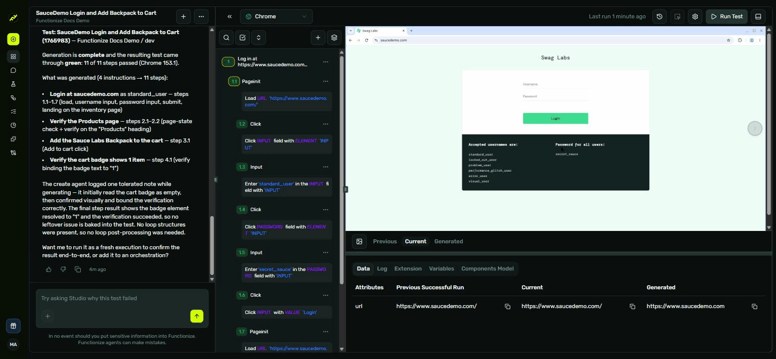 A test part-way through a run, steps turning green beside the live page