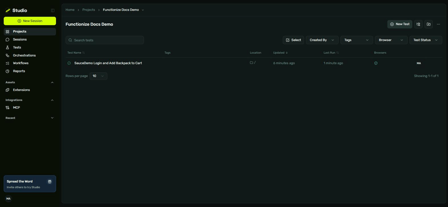The project list showing the finished test with its status, last update and last run