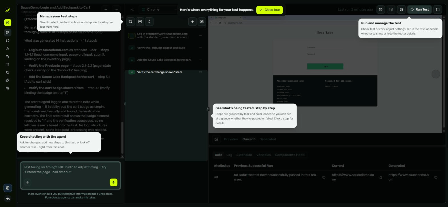 Studio's built-in tour labelling each pane of the test editor