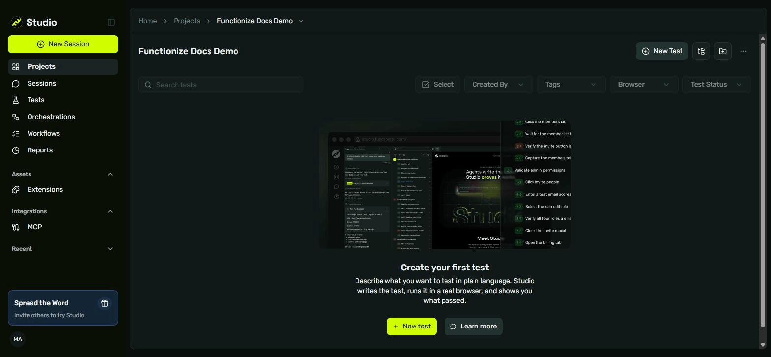 A new, empty project in Functionize Studio, offering to create your first test