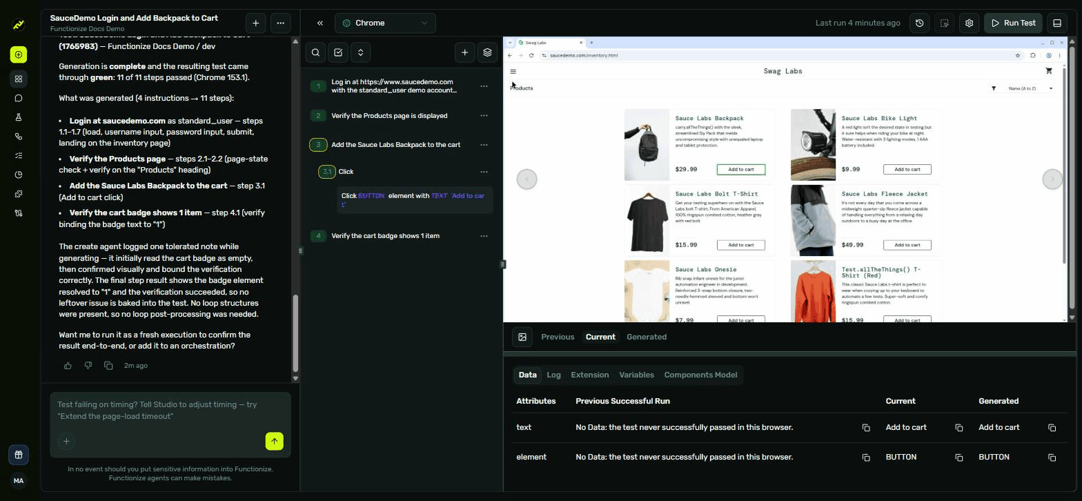 An expanded test step showing the click action and the matched element highlighted on the page