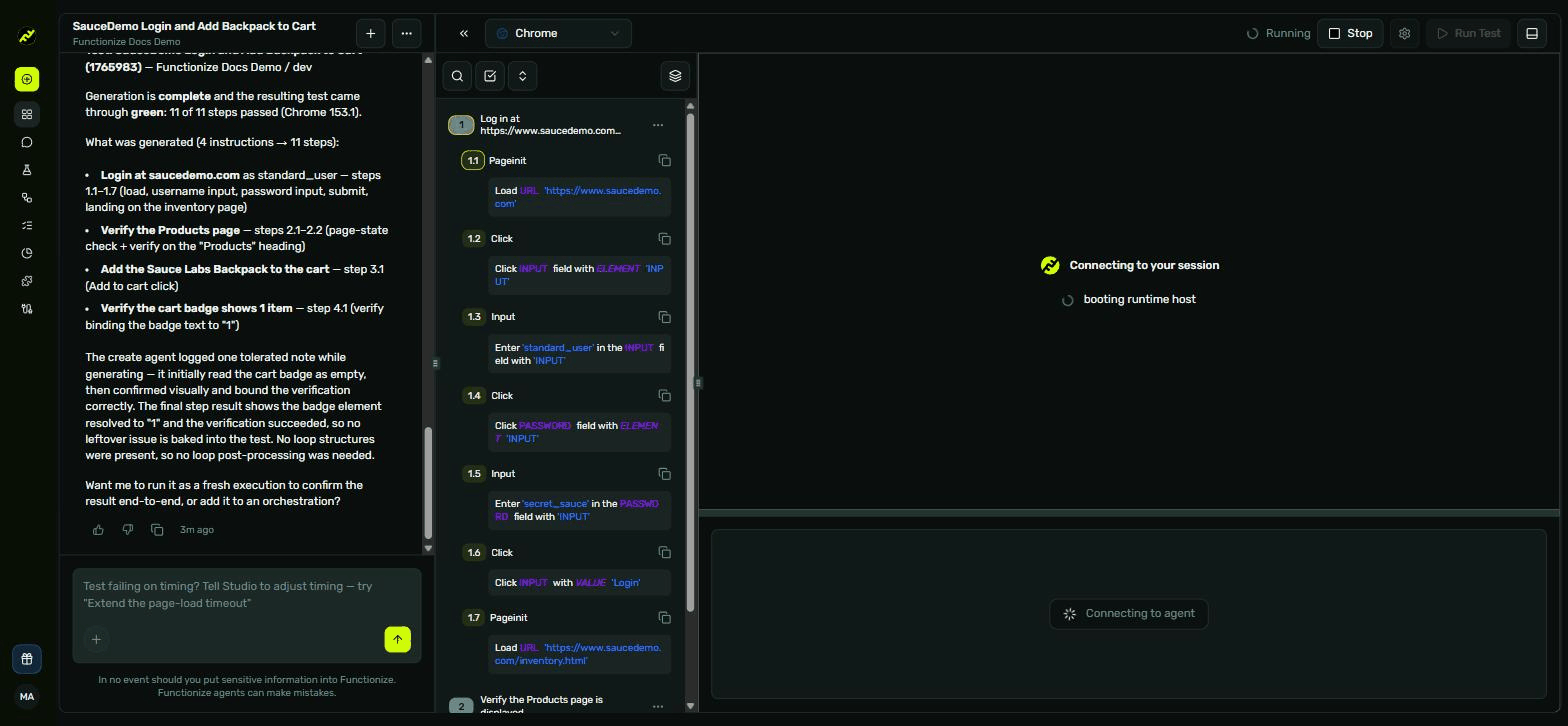 A test run starting, with the generated sub-steps listed and the runtime host booting