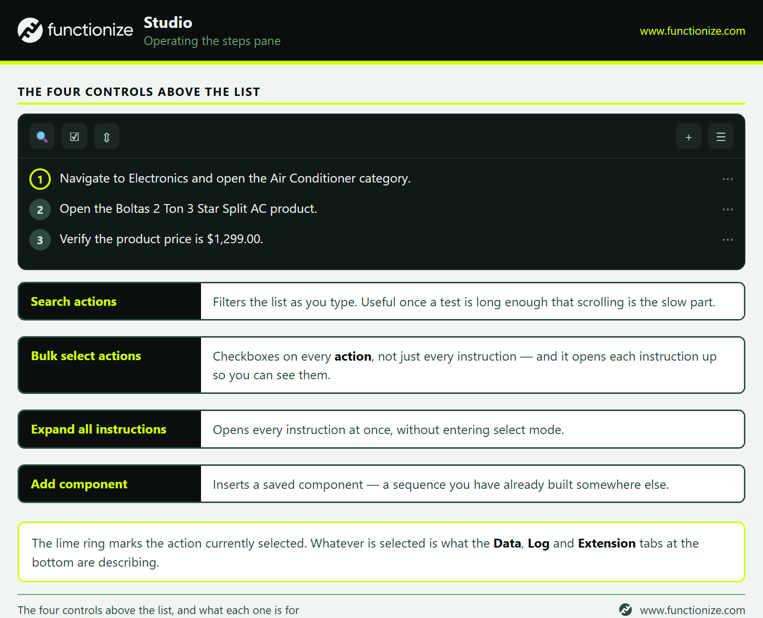 The steps pane toolbar: search, bulk select, expand all and add component